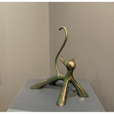 Sculpture de chat en bronze vert antique anbrossé de l'artiste sculpteur Lolek