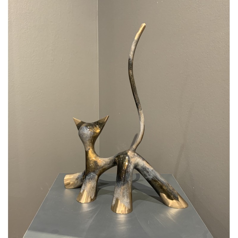 Sculpture de chat en bronze  transparent Noir et blanc meulé de l'artiste Lolek