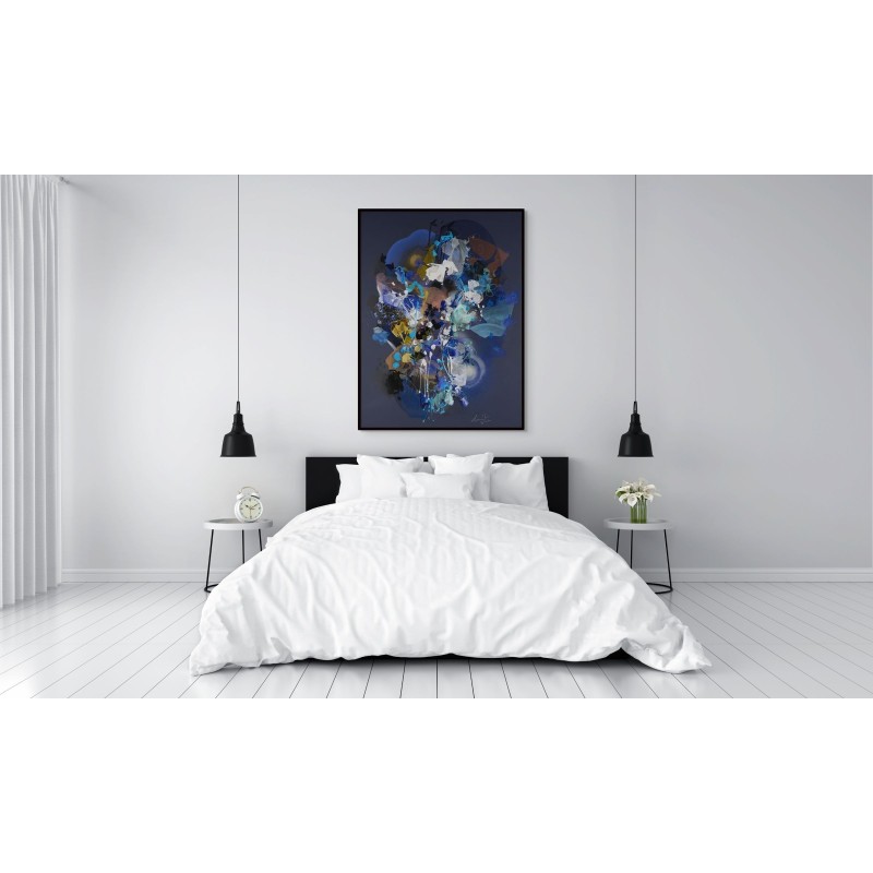 Tableau de Damien Demaiter aux teintes sombres de noir et bleu profond, avec des touches de blanc.