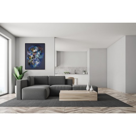 Œuvre abstraite de Damien Demaiter avec du noir et bleu profond, avec des touches de blanc.