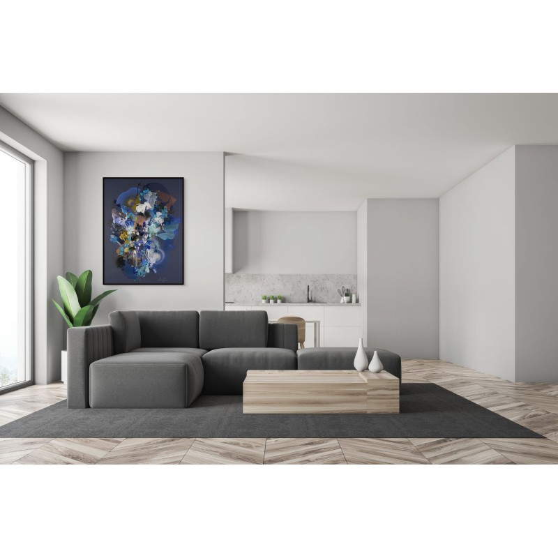 Œuvre abstraite de Damien Demaiter avec du noir et bleu profond, avec des touches de blanc.