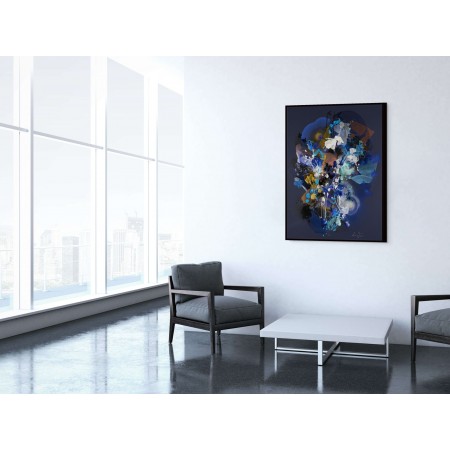 Tableau du peintre Damien Demaiter aux teintes sombres de noir et bleu profond, avec des touches de blanc.