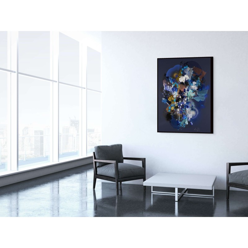 Tableau du peintre Damien Demaiter aux teintes sombres de noir et bleu profond, avec des touches de blanc.