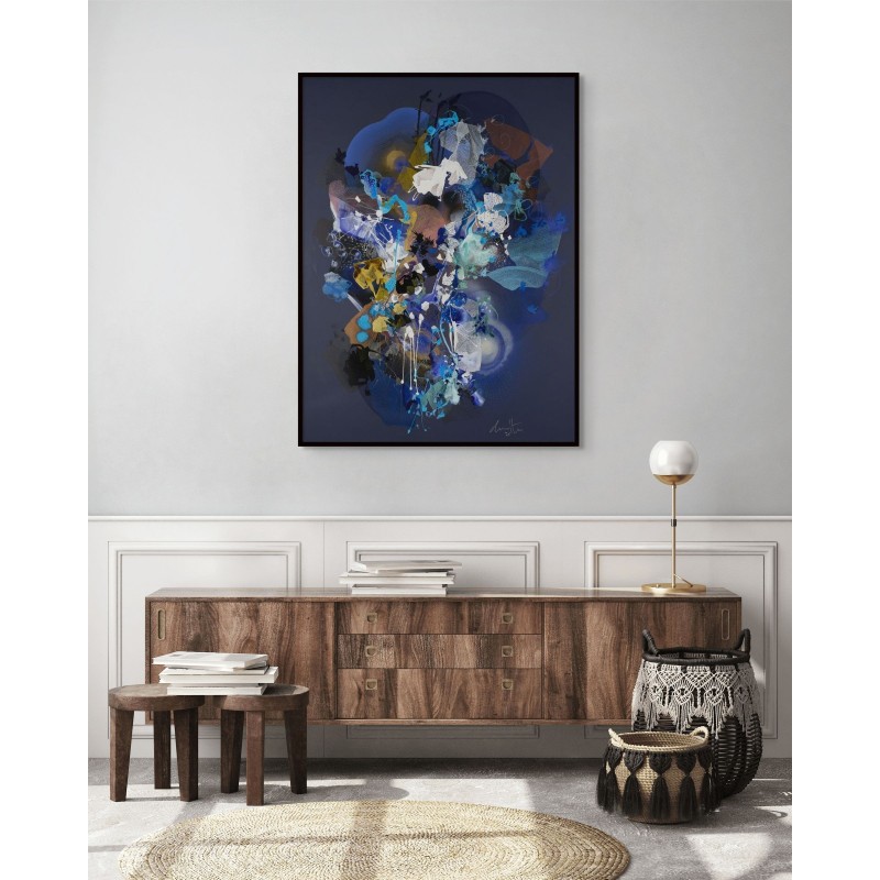 Tableau de l'artiste Damien Demaiter aux teintes sombres de noir et bleu profond, avec des touches de blanc.