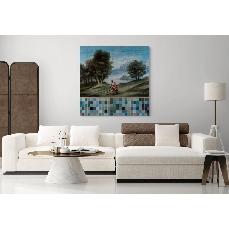 Tableau de l'artiste Daniel Airam alliant style classique et touches modernes, évoquant un pèlerinage avec graffitis.