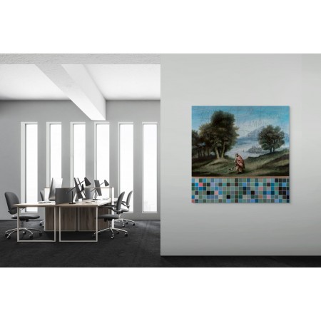 Tableau de l'artiste Daniel Airam alliant style classique et touches modernes, évoquant un pèlerinage avec graffitis.