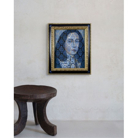 Peinture de l'artiste peintre Daniel Airam mêlant portrait classique et motif décoratif bleu.