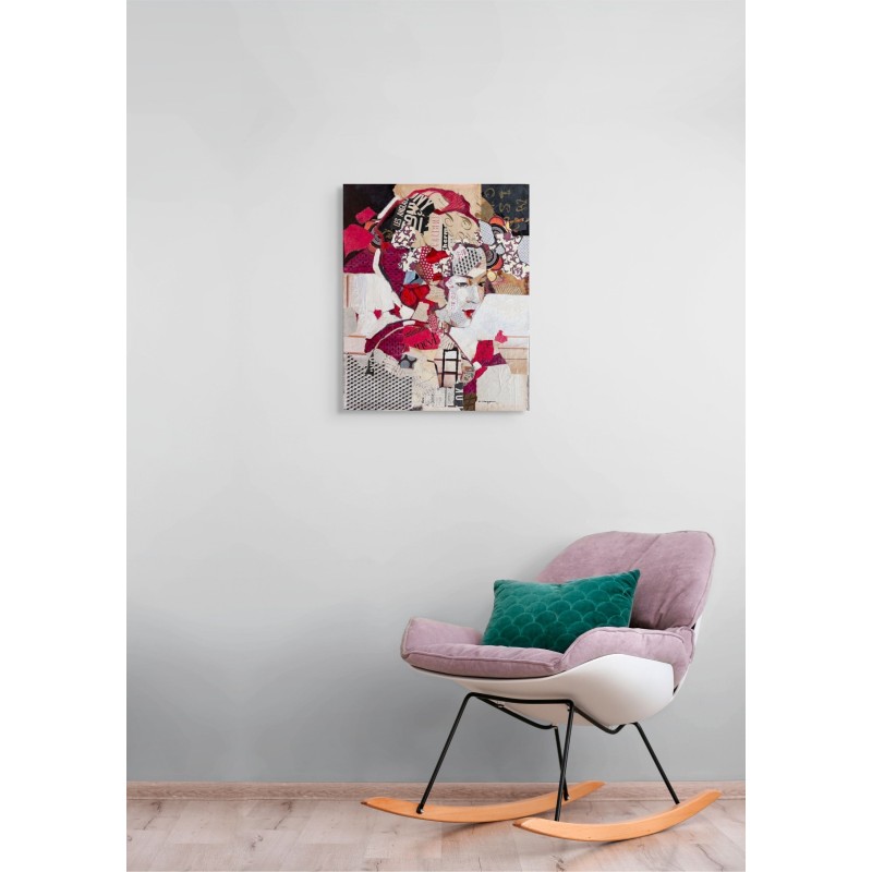 Portrait de geisha par Carme Magem, mix media et collages rouges créant un visage expressif.