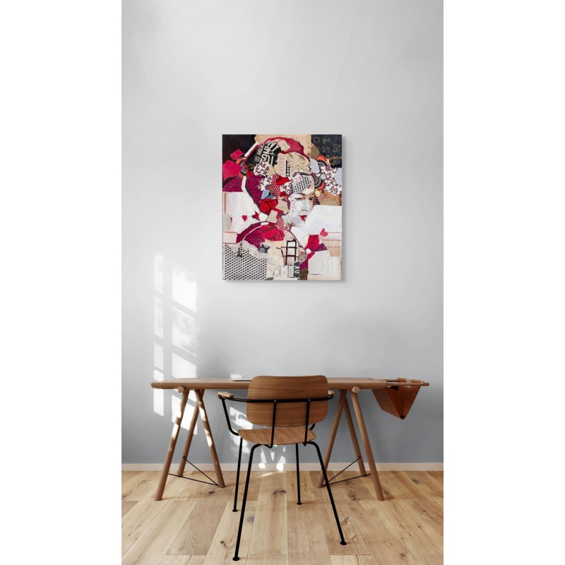Portrait de geisha par l'artiste Carme Magem, mix media et collages rouges créant un visage expressif.