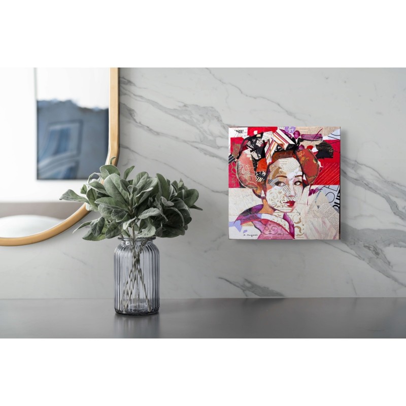 portrait de geisha en mix media avec collages sur toile dominé par le rouge, par Carme Magem