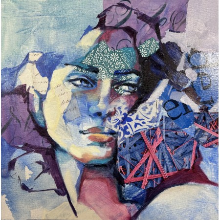 L’identité à travers un visage fragmenté aux teintes de bleu et rose et textures poétiques par l'artiste Carme Magem