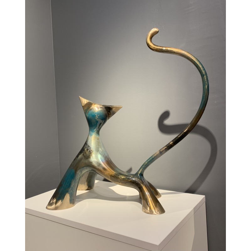 Sculpture de chat en bronze noir cobalt transparent et gris foncé de l'artiste lolek