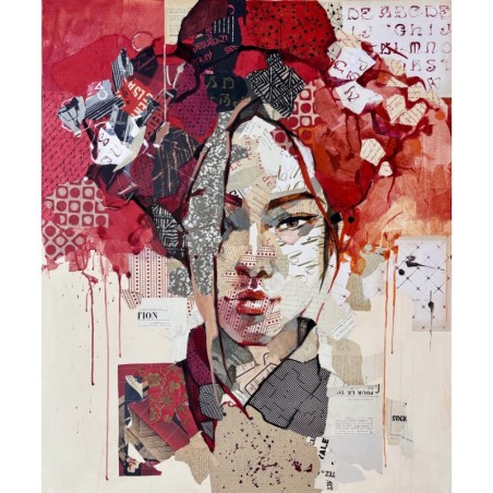 Portrait en collage et technique mixte par Carme Magem, dominé par une chevelure rouge vibrante.