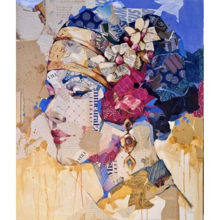 Portrait fragmenté en technique mixte et collage par Carme Magem, turban fleuri et couleurs vives.