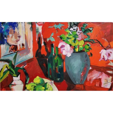 Tableau rouge contemporain en huile et acrylique, nature morte par Golnaz Afraz.