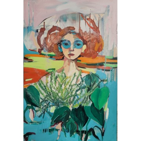 Œuvre de l'artiste GOLNAZ AFRAZ, d'u portrait féminin, peinture expressive et colorée.