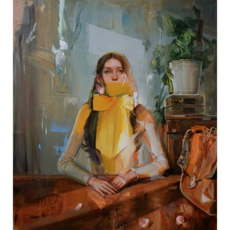 Portrait féminin aux nattes et ruban jaune vif, œuvre originale de l'artiste Evita Andujar.