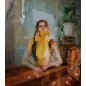 Portrait of a woman with braids and a bright yellow ribbon, an original work by artist Evita Andujar.