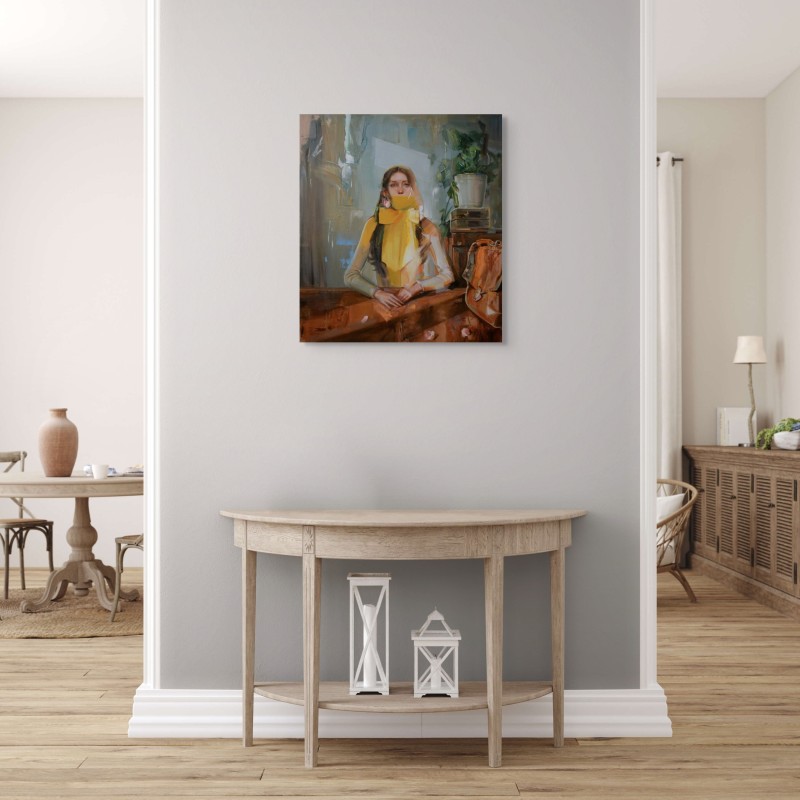 Peinture expressive de Evita Andujar, tons chauds et vert olive, visage partiellement couvert.