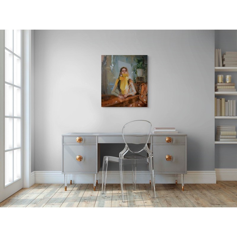 Œuvre originale de Evita Andujar, femme aux nattes et couleurs terreuses.