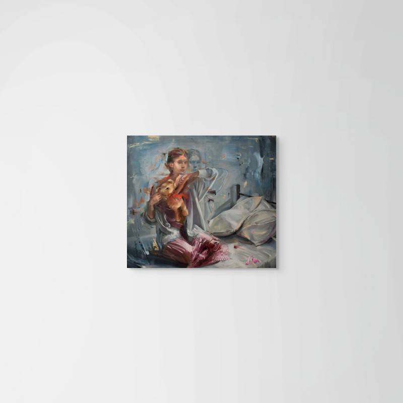 Peinture contemporaine à effet fantôme et double exposition, par Evita Andujar, idéale sur mur blanc.