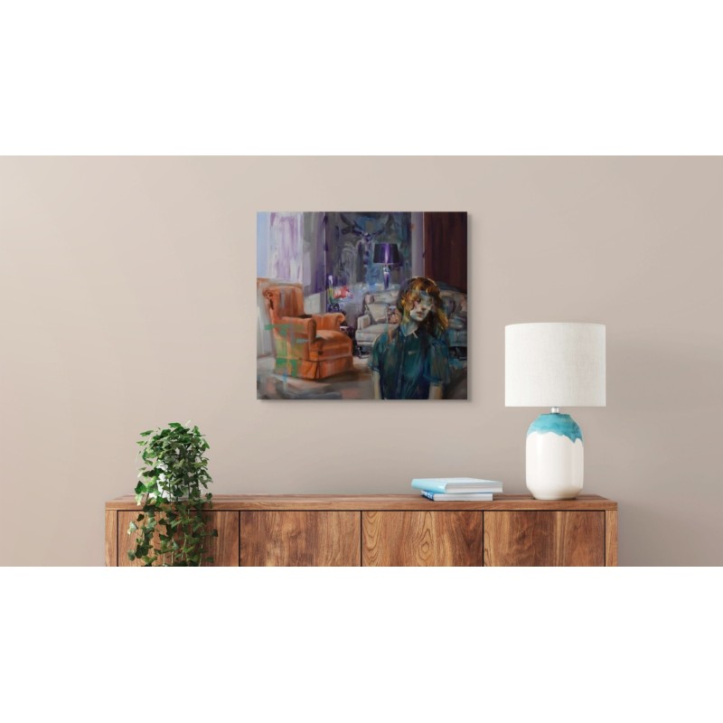 Œuvre originale de l'artiste peintre Evita Andujar, tons violet, rouille et vert, parfaite pour déco intérieure.