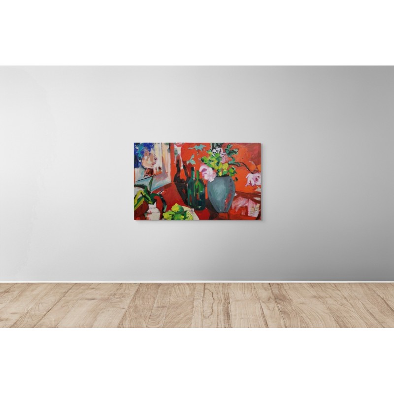 Nature morte rouge et colorée, parfaite pour une décoration intérieure, par l'artiste Golnaz Afraz.