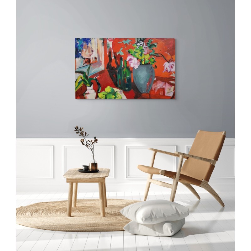 Œuvre rouge contemporaine, nature morte artistique de Golnaz Afraz, pour décor minimaliste.