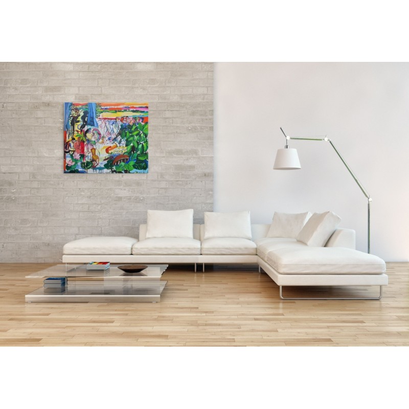 Tableau contemporain de l'artiste Golnaz Afraz en huile et acrylique, figure féminine dans un décor lumineux.