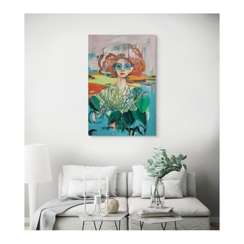 Tableau contemporain en huile et acrylique, figure féminine dans un décor lumineux de l'Artise Golnaz Afraz