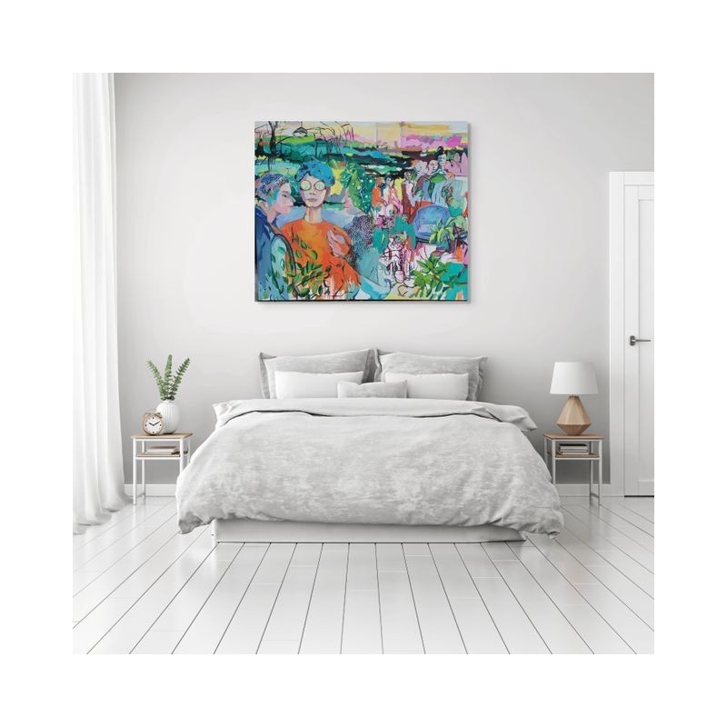 Peinture moderne mêlant identité, liberté et nature, de Golnaz Afraz idéale pour mur blanc.