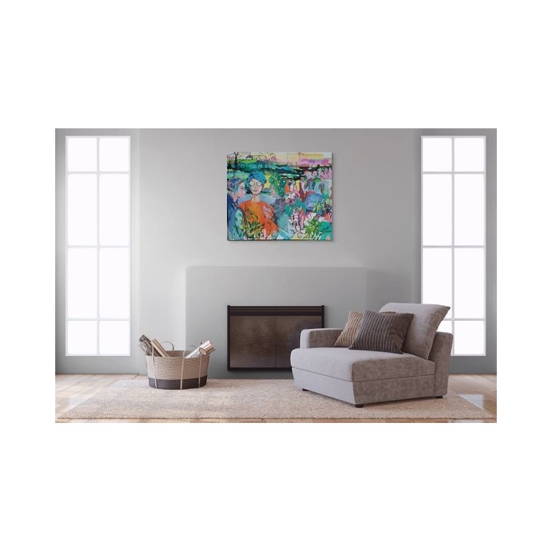 Tableau contemporain en huile et acrylique, figure féminine de l'artiste iranienne Golnaz Afraz dans un décor lumineux.