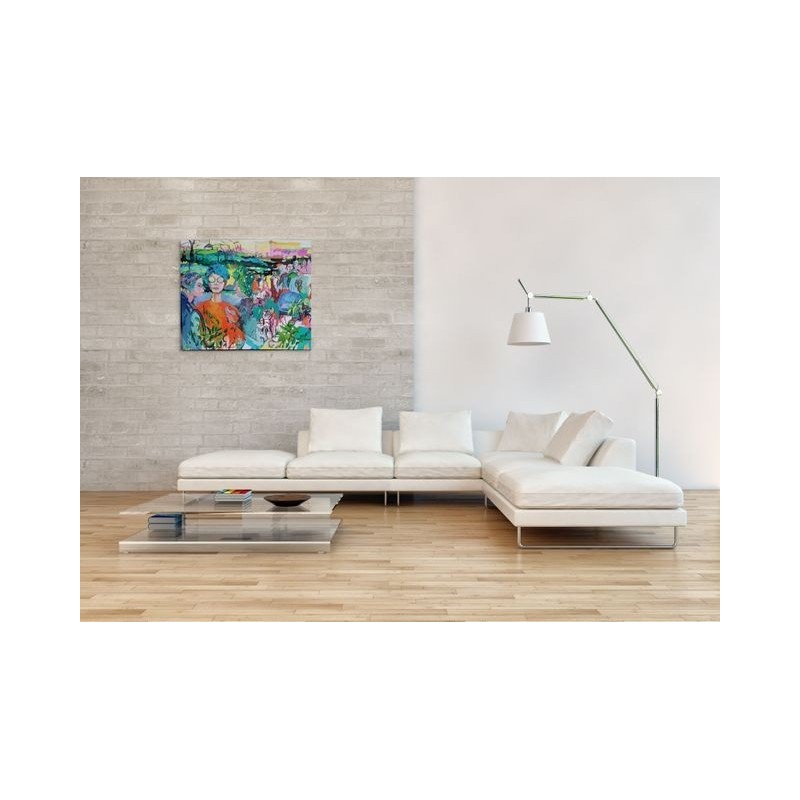 Art figuratif expressif et texturé, parfait pour une décoration intérieure colorée.