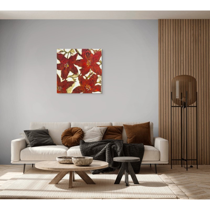 Tableau floral rouge intense, ambiance contemporaine par Pascal Honoré.