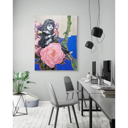 Gravure d’enfant vintage et fleurs pop sur bois, peinture expressive par l'artiste peintre Elia Pagliarino.