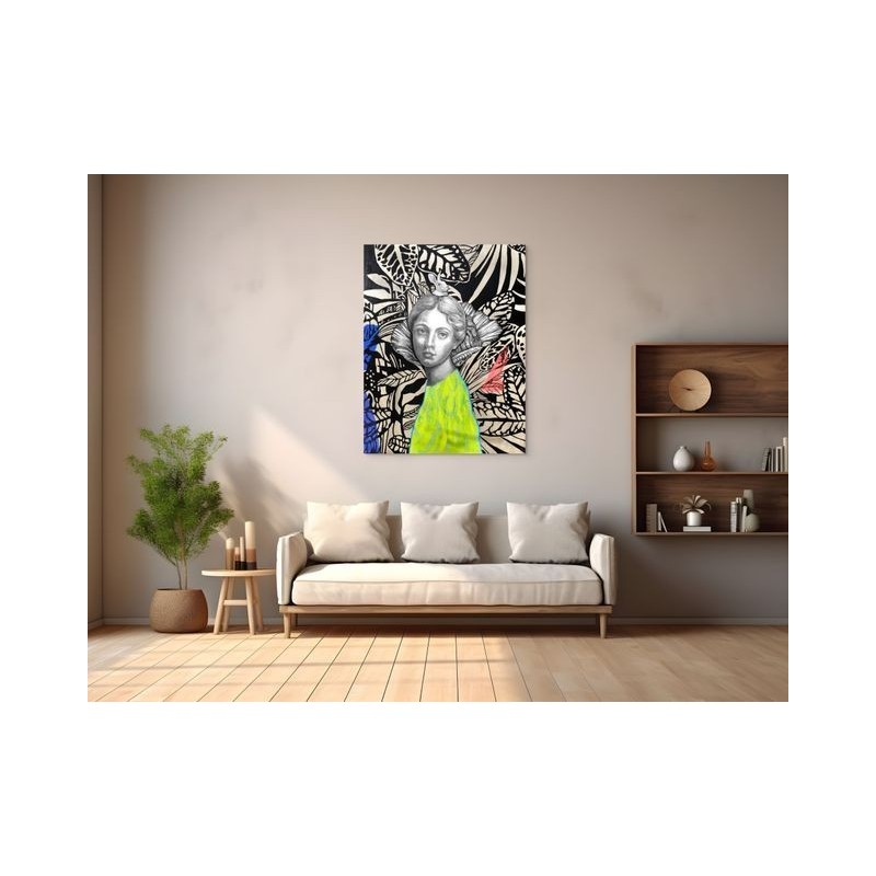 Peinture pop contemporaine, fond jungle et couleurs néon intenses, œuvre de Elia Pagliarino, dans un intérieur.