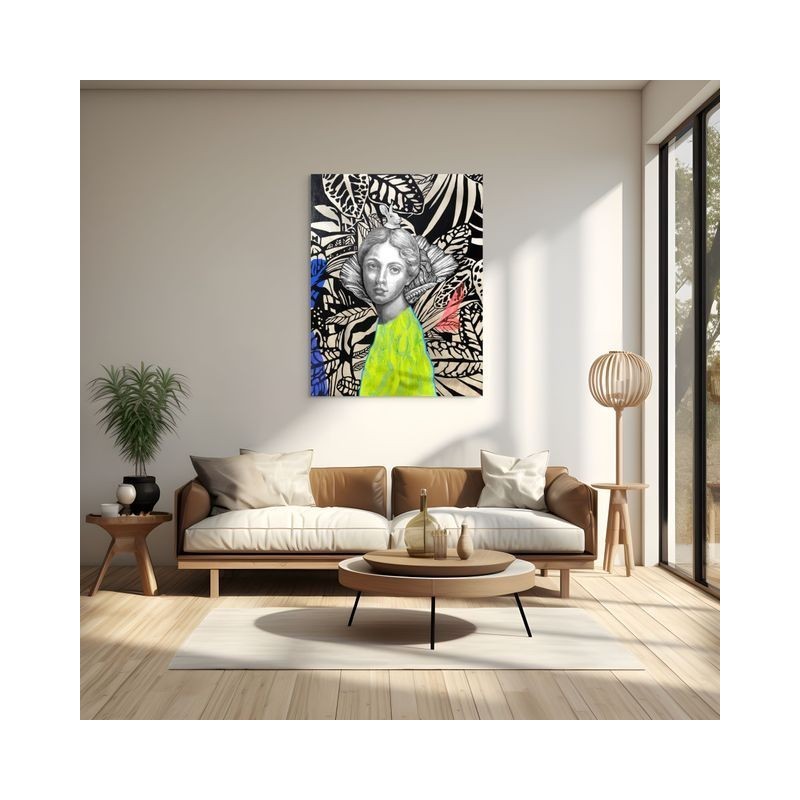 Univers doux et percutant, figure classique et néon moderne, signé Elia Pagliarino dans un décor.