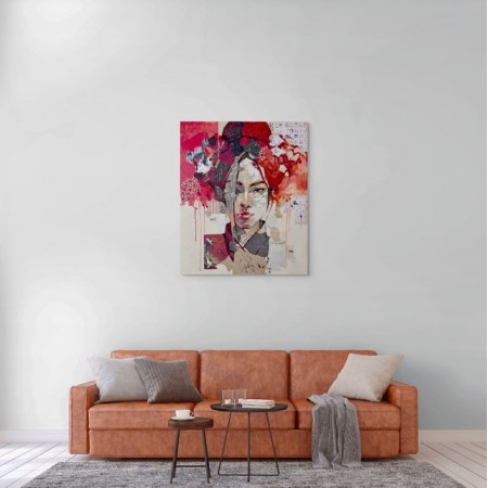 Composition expressive et moderne, visage fragmenté et aura rouge, signée Carme Magem.