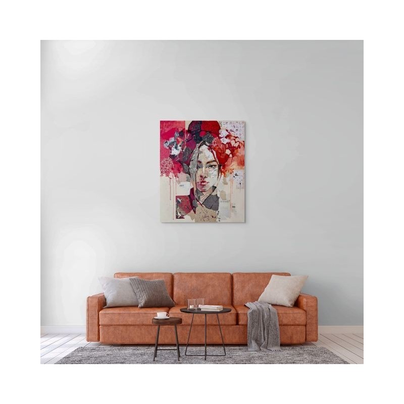 Composition expressive et moderne, visage fragmenté et aura rouge, signée Carme Magem.