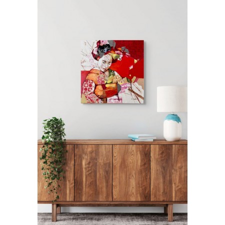 Œuvre en collage et technique mixte, portrait élégant et vibrant, signée l'artiste Carme Magem.