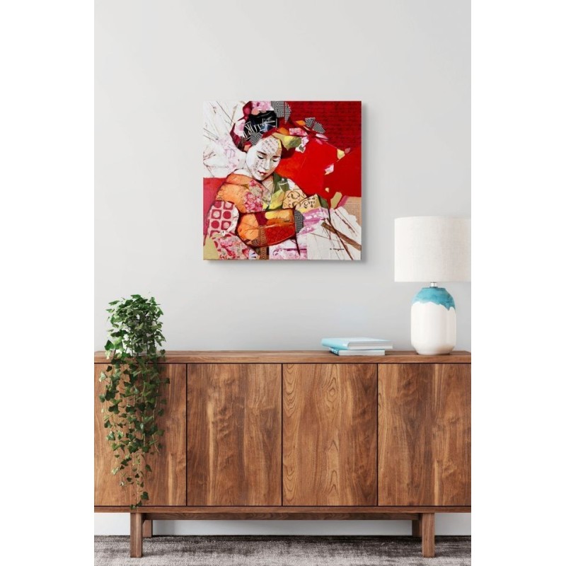 Œuvre en collage et technique mixte, portrait élégant et vibrant, signée l'artiste Carme Magem.