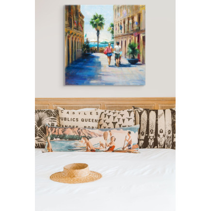 Contemporary art by Monica Castanys: a couple, palm trees, summer light, on a white wall.