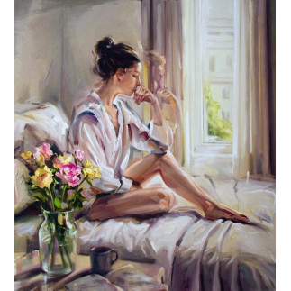 Mattino di luce, painting by Evita Andújar: young woman sitting on a bed in morning light, bouquet of roses