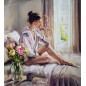 Mattino di luce, peinture d'Evita Andújar : jeune femme assise sur un lit dans la lumière du matin, bouquet de roses