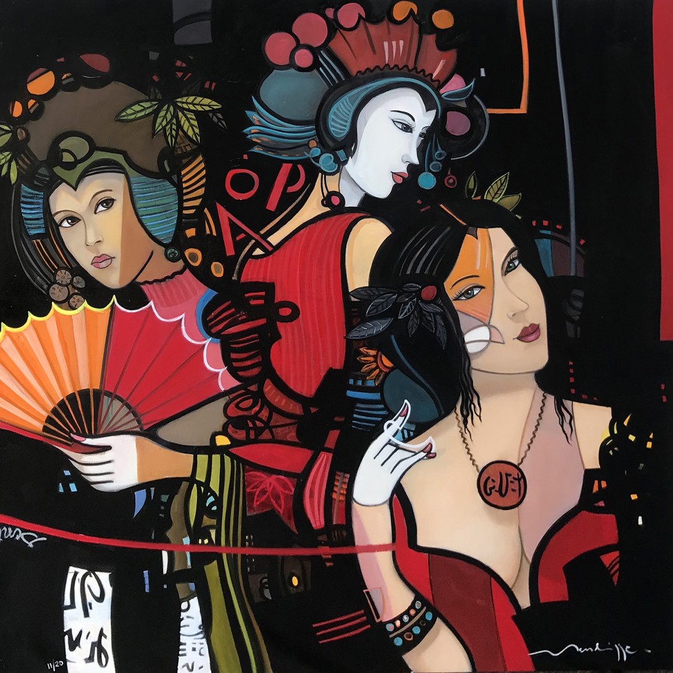 Peinture à l'huile sur toile graphique et colorée d''une parade de femmes élégantes à l'éventail