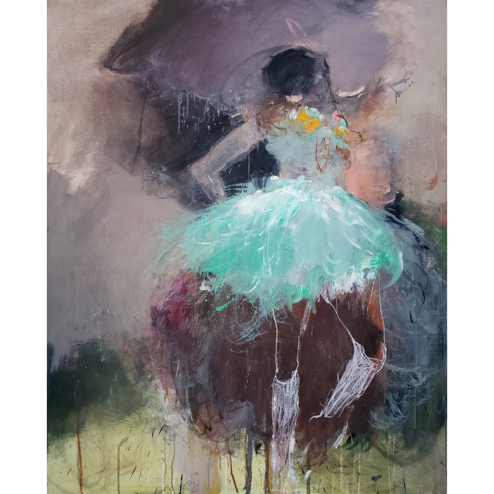 Oil painting on canvas showing a motionless ballerina dancer in an emerald green dress