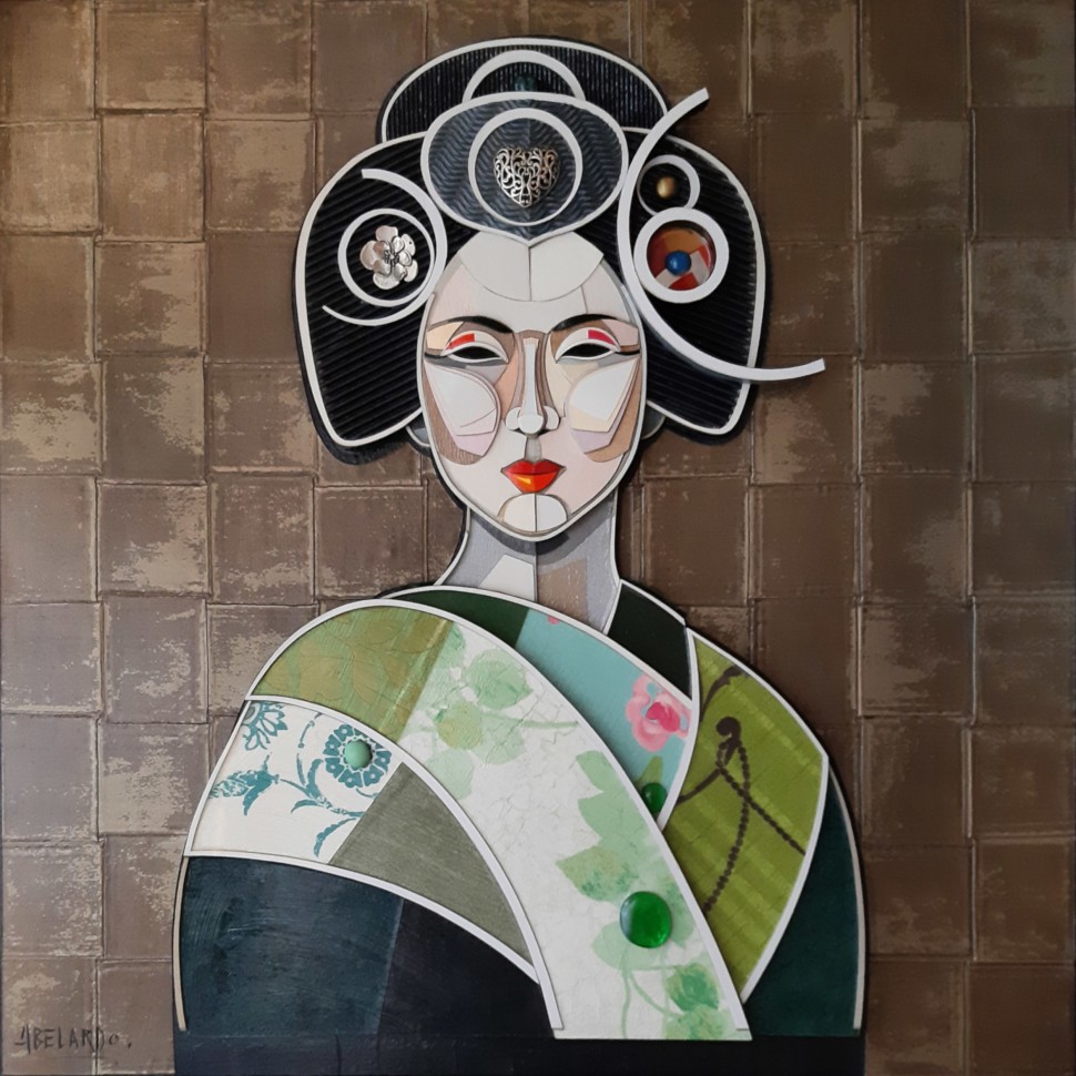 Geisha peinture en relief mix-media en trois dimensions d'une femme japonaise par l'artiste plasticien Abélardo