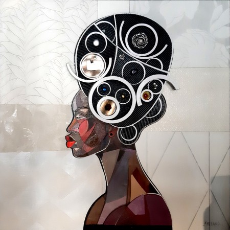 Portrait de Reine Africaine, œuvre de peinture en relief et trois dimensions mix media par l'artiste Abélardo