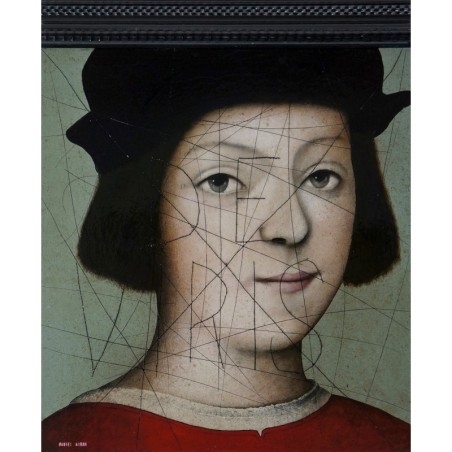 Flemish-style portrait of a young boy, with some graffiti on his face, by contemporary artist Daniel Airam