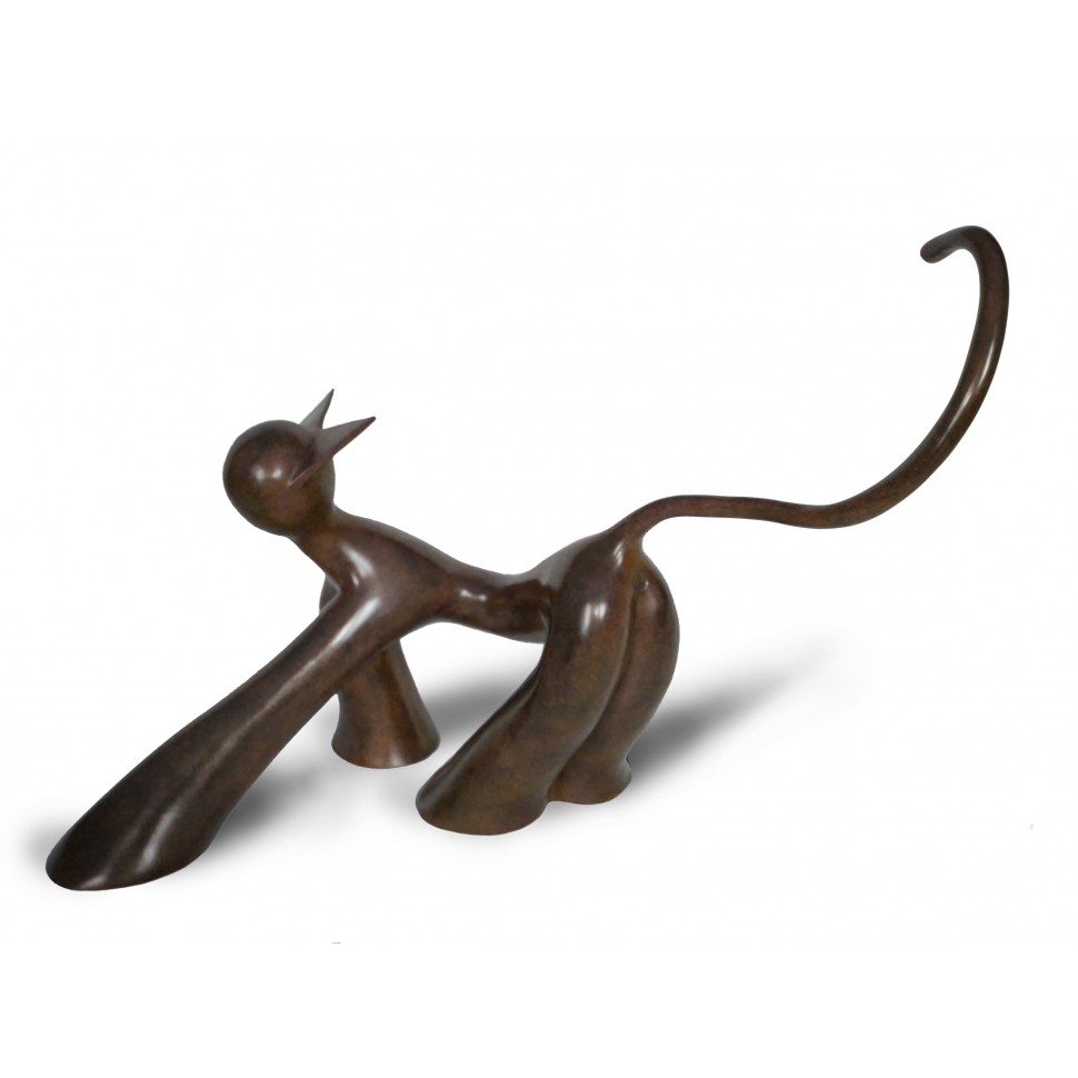 Sculpture en bronze patiné de chat avant le saut par l'artiste sculpteur animalier Lolek